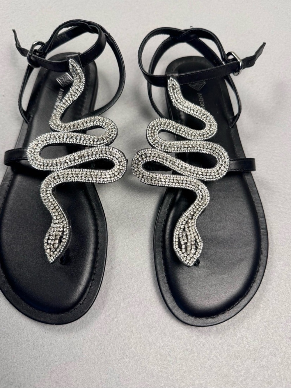 ANTONIO MELANI Black Snake Crystal T-Strap Sandals